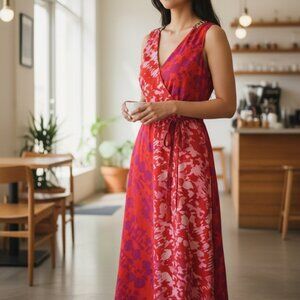 Anthropologie Yoana Baraschi Faux Wrap Bright Patterned Tie Waist Dress Size Med